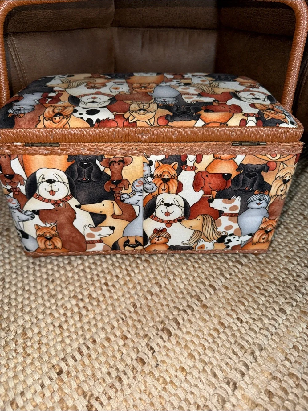 Pet Pattern Sewing Basket with Handle - Brown Dogs Design